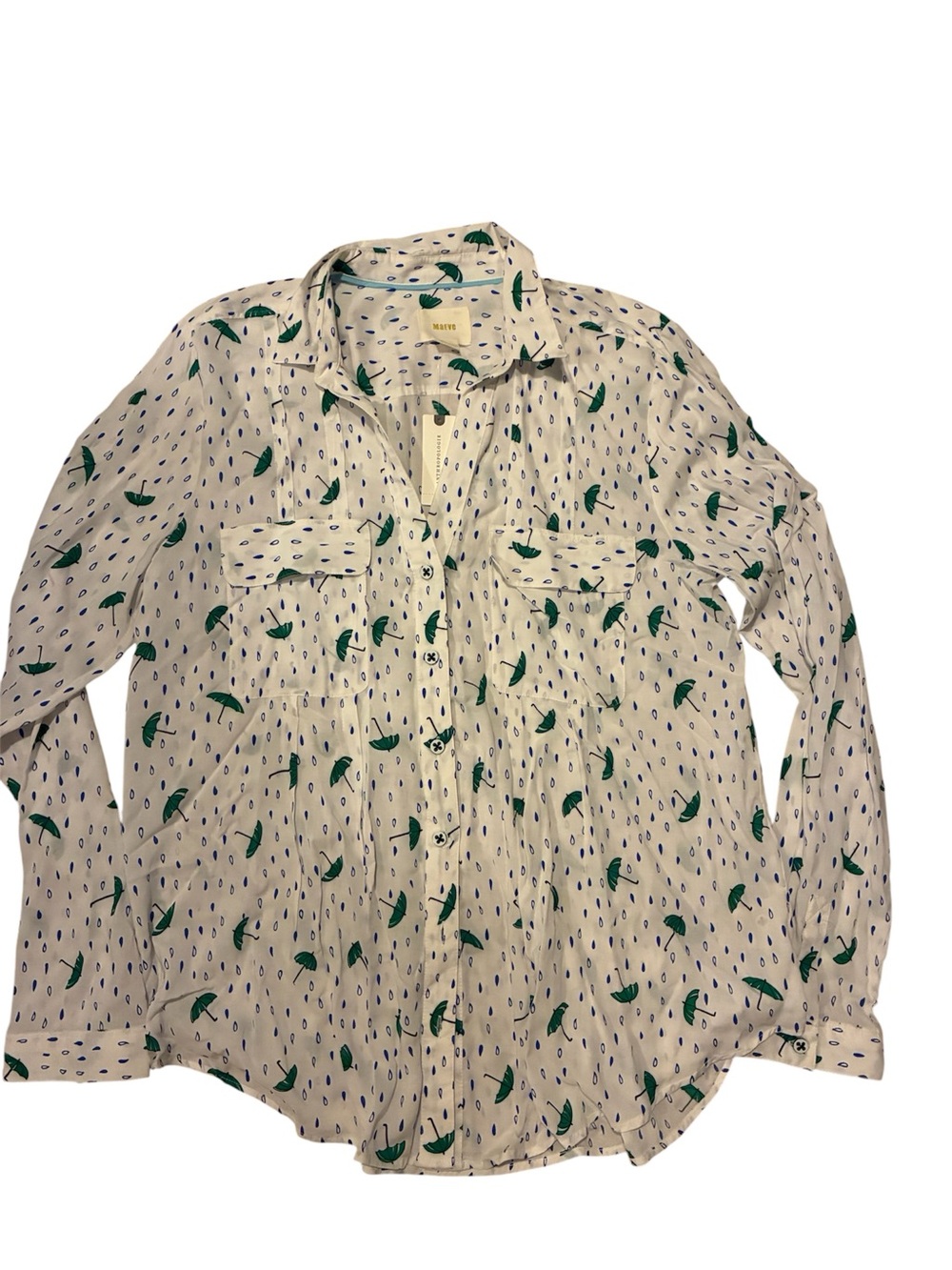Maeve Cream Button-Down Shirt with Green Umbrella Print